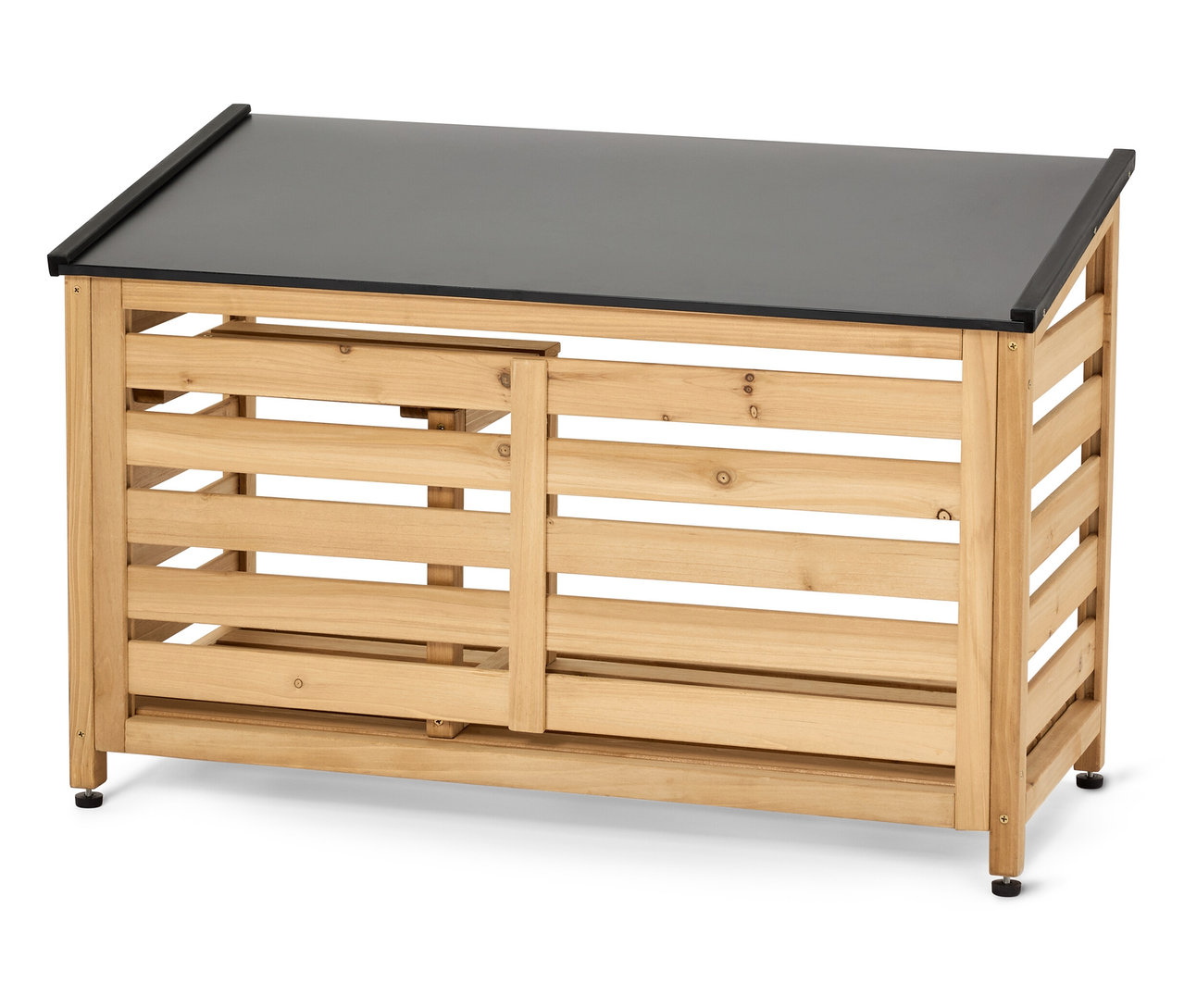 Ein Outdoor-Schuhregal mit einem schrägen, schwarzen Dach und Lamellentüren.