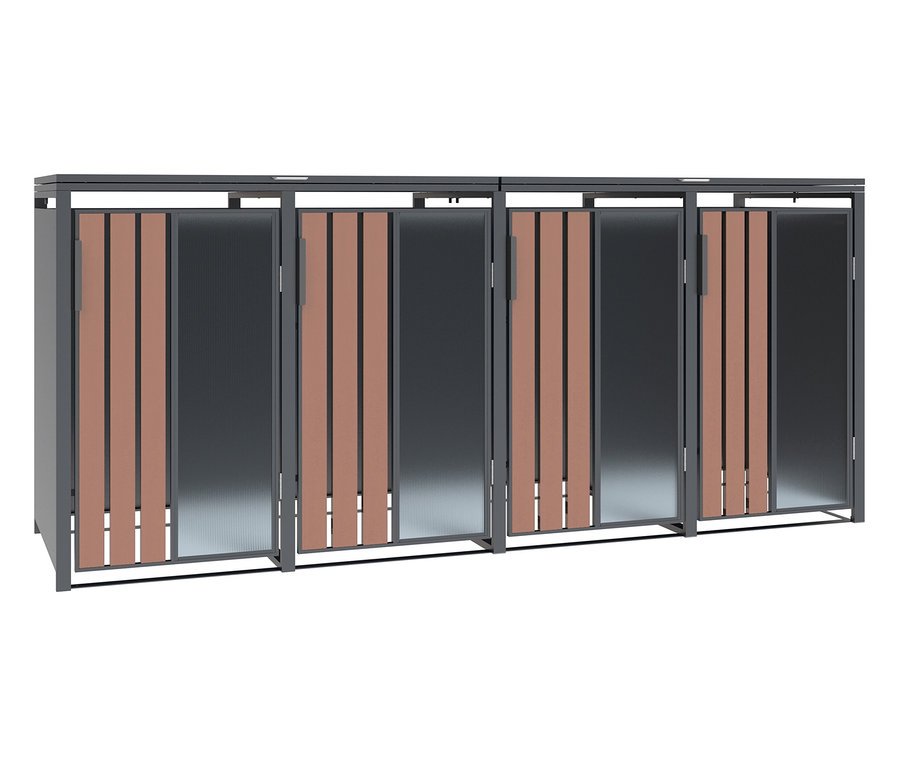 Mülltonnenbox mit Aluminiumlamellen und Polycarbonatfüllung.