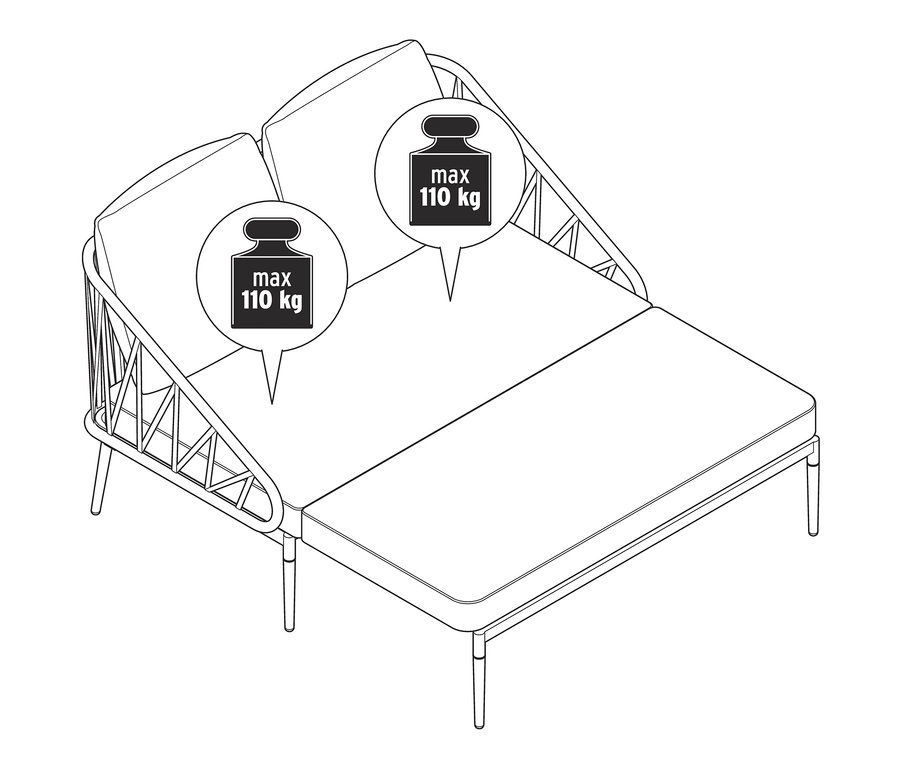 Eine Illustration eines ausziehbaren Lounge-Sofas mit einer Gewichtsbeschränkung von 110 kg.