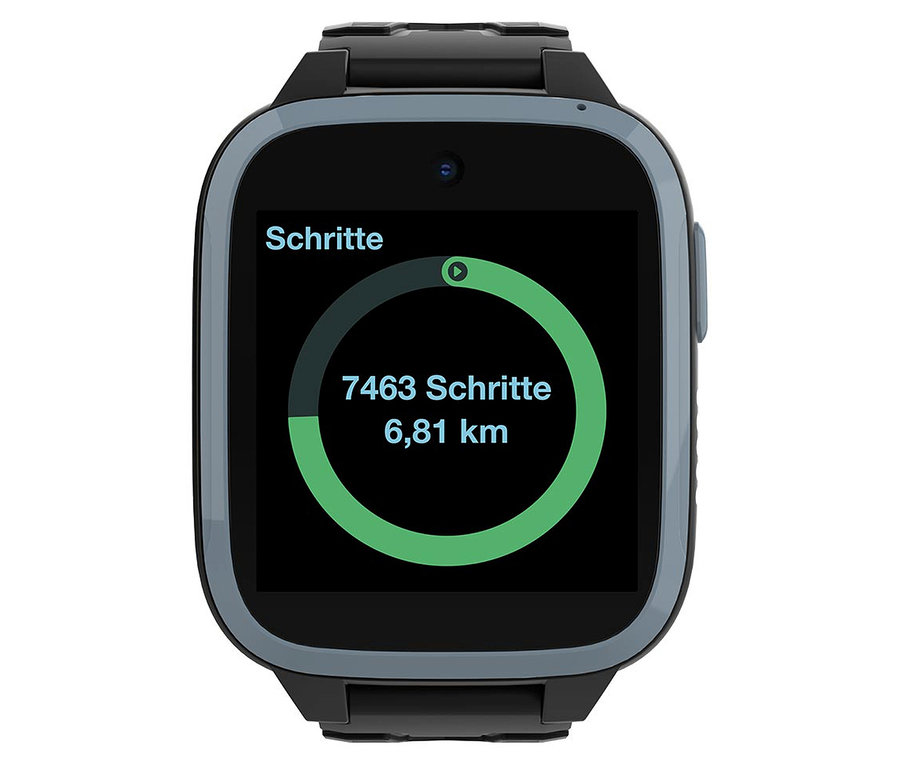 Nahaufnahme einer schwarzen Smartwatch, die 7463 Schritte und 6,81 km anzeigt. Auf dem Display ist die Anzahl der Schritte (7463) und die zurückgelegte Strecke (6,81 km) zu sehen. Es handelt sich um eine Kids Watch Xplora XGO3 schwarz.
