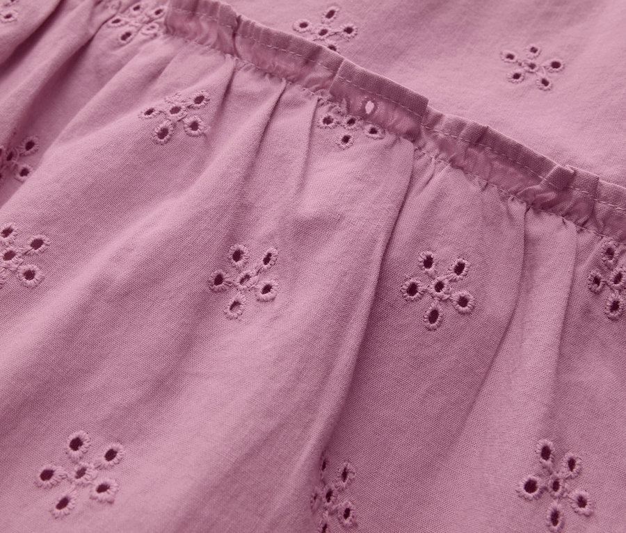 Detailaufnahme eines rosa Kinder-Kleids mit Blumenstickerei.