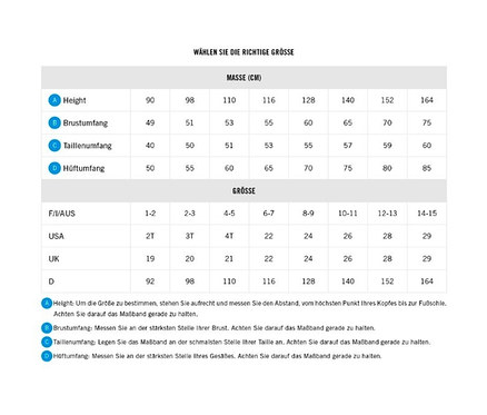 Eine Größentabelle für Bekleidung zeigt Maße in cm und entsprechende Größen für verschiedene Länder.
