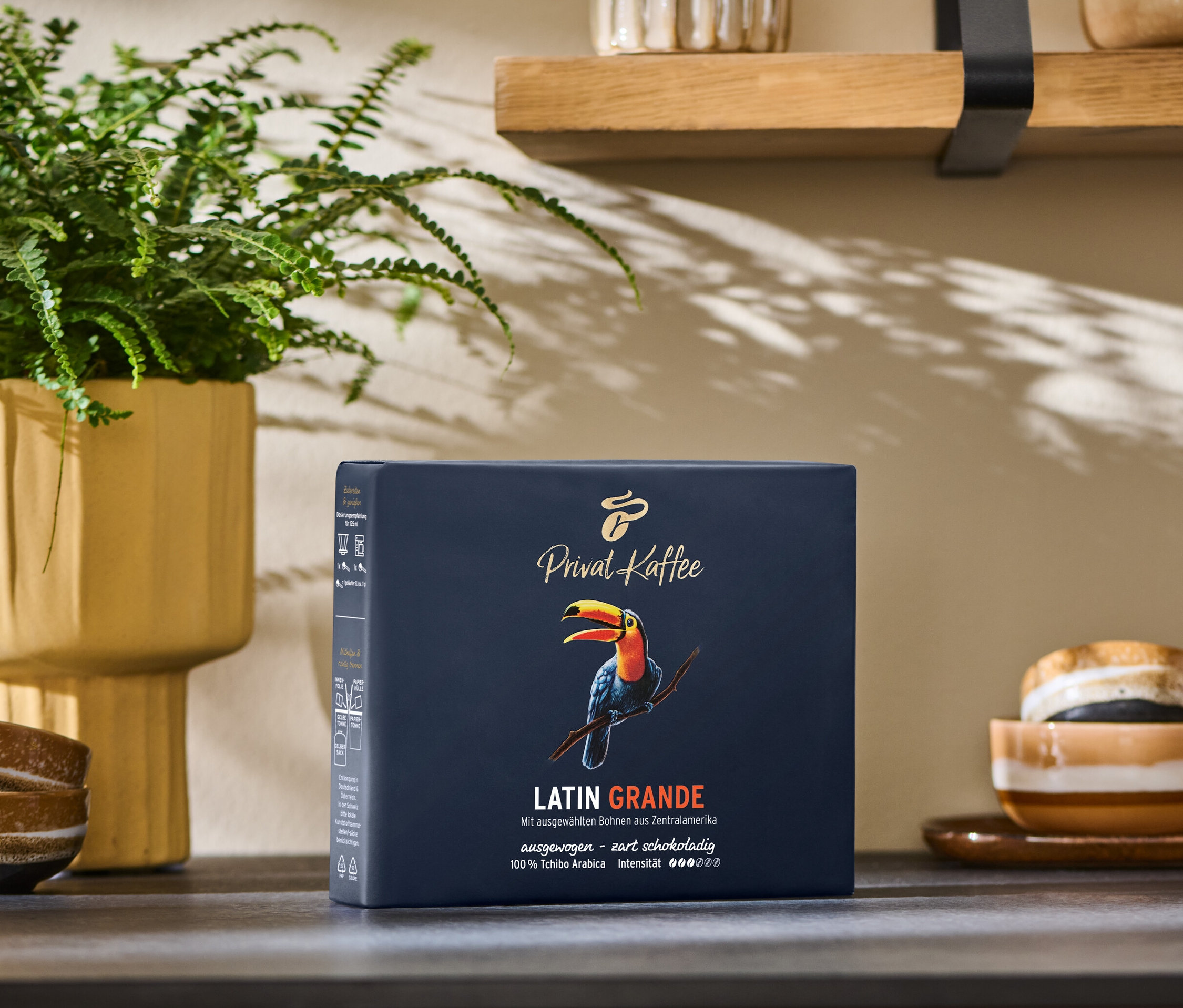 Eine Packung Privat Kaffee Latin Grande - 1x 500 g Gemahlen Kaffee steht auf einer Küchentheke. Im Hintergrund Zimmerpflanze und Regale.