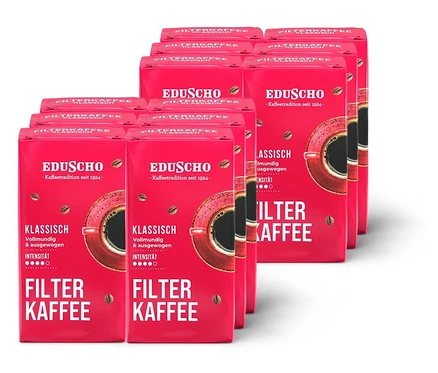 Eine Packung Eduscho Filterkaffee Klassisch gemahlener Kaffee in einer roten Verpackung. Auf der Verpackung ist ein Bild einer Kaffeetasse.
