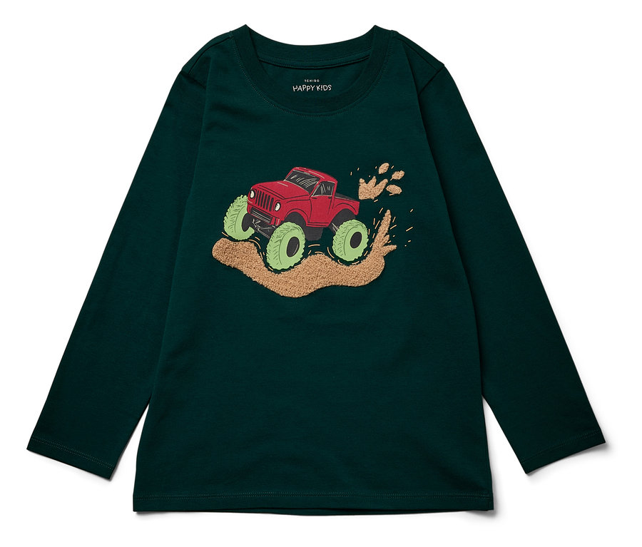 Dunkelgrünes Langarmshirt mit rotem Monstertruck und großen grünen Reifen.