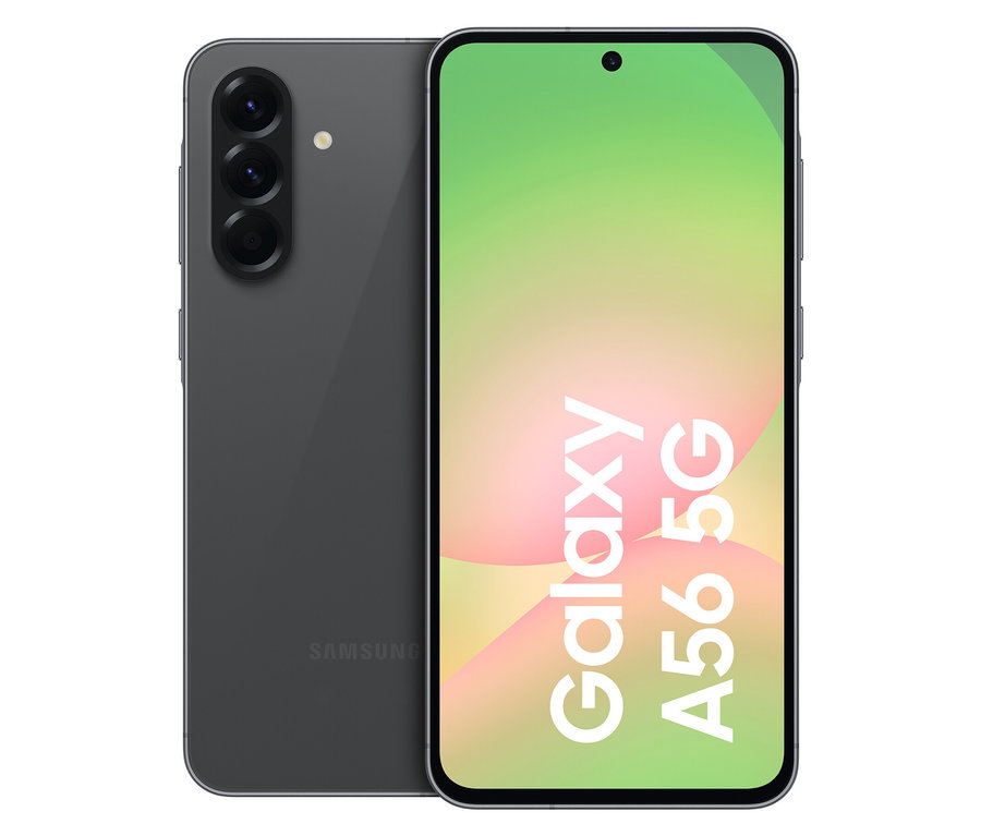 Zwei Samsung Galaxy A56 5G 128 GB Graphite Telefone liegen auf einer weißen Oberfläche.