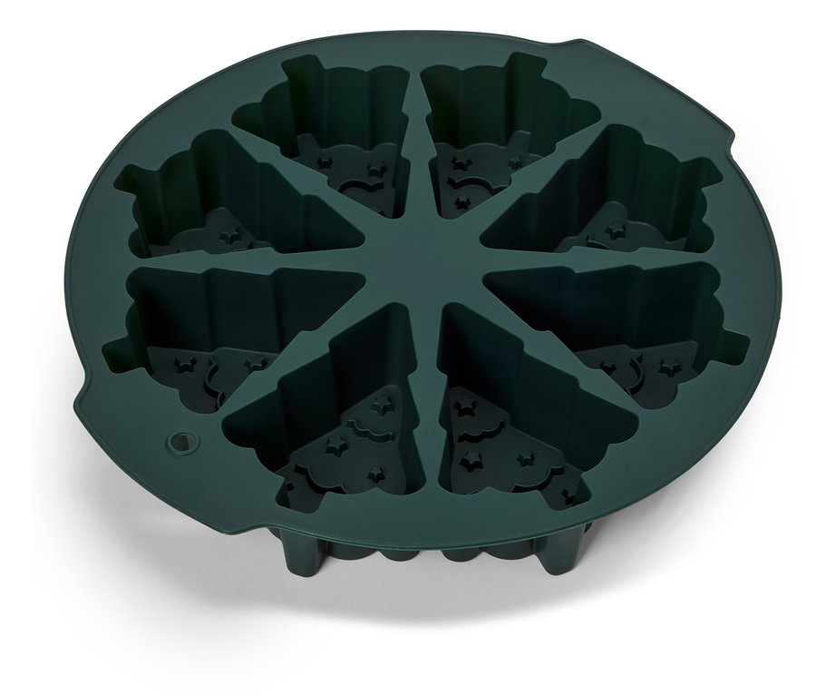 Nahaufnahme einer silikon Eiswürfelform mit Fledermaus- und Baummotiven in Grün.