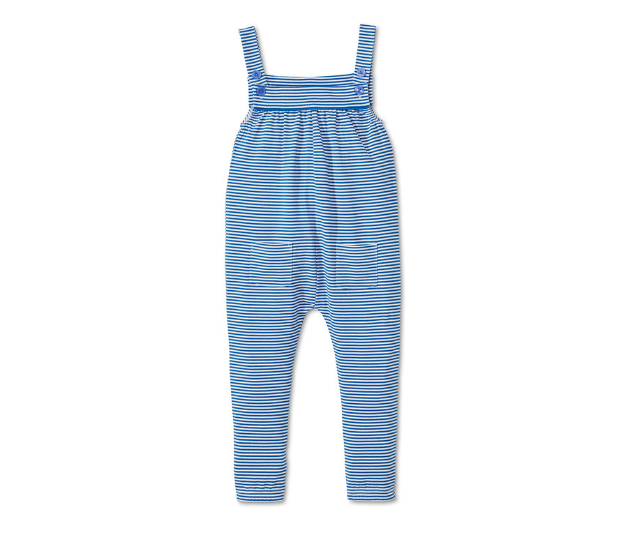 Eine blau-weiß gestreifte Jersey-Latzhose.