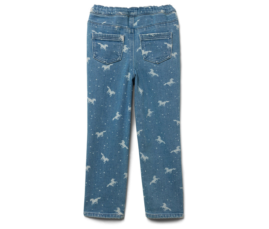 Hellblaue Jeans mit weißem Pferde- und Sternmuster, Rückansicht.