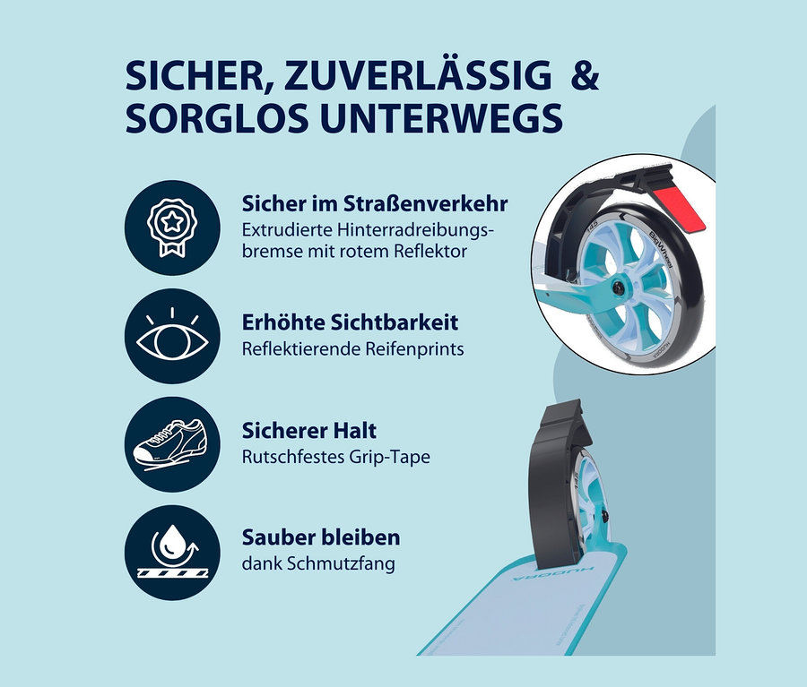 Detailaufnahme von HUDORA Scooter BigWheel 180 Advanced Junior, die Sicherheitsmerkmale hervorhebt.