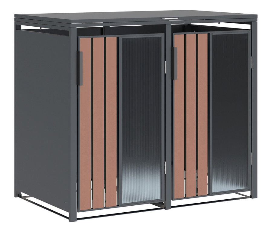 Metallschrank mit Holzlamellen an den Türen.