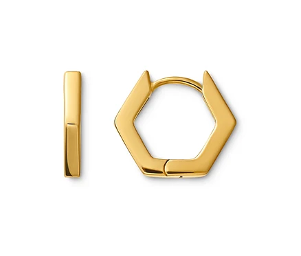 Zwei goldene Ohrringe, einer sechseckig, der andere rechteckig.