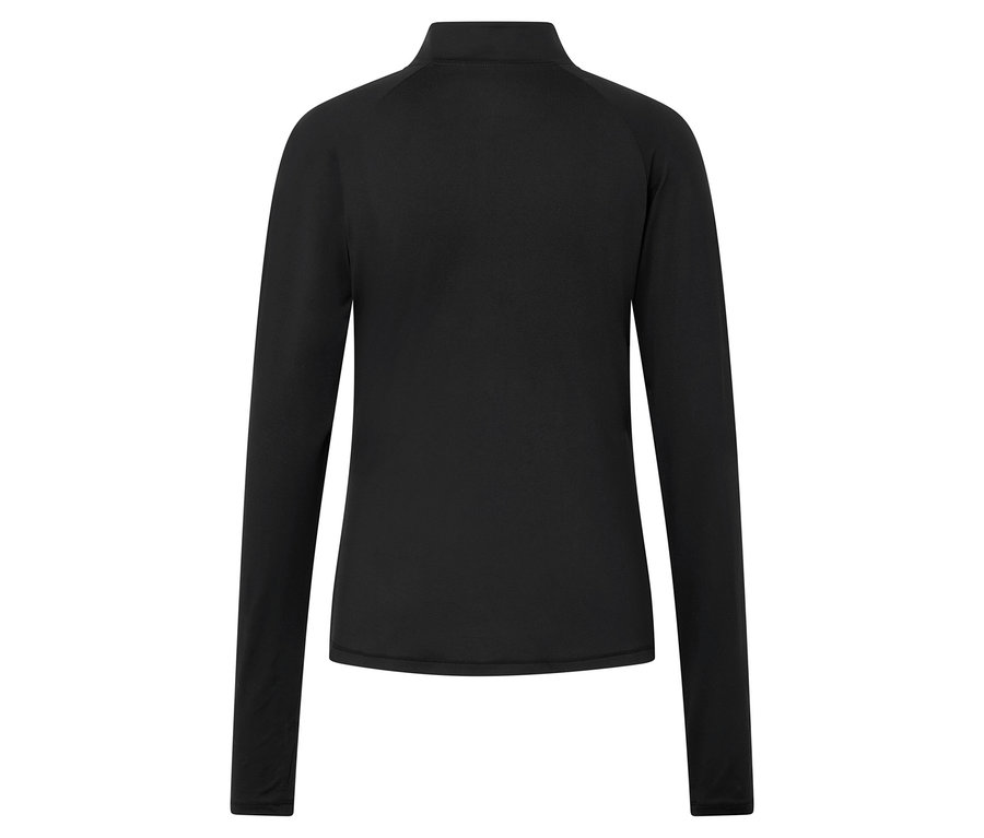 Rückansicht eines schwarzen, langärmligen Sportoberteils.