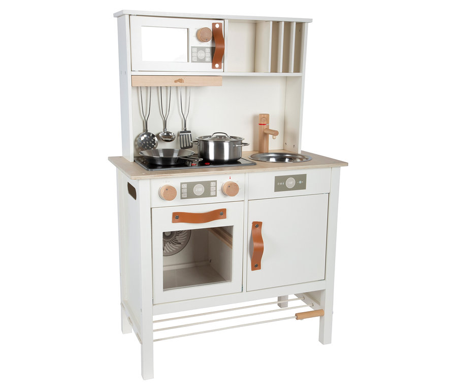 Eine Spielküche mit Backofen, Herd, Spüle und Mikrowelle. Die Küche ist weiß mit braunen Details. small foot Kinderküche kompakt »tasty«, blau
