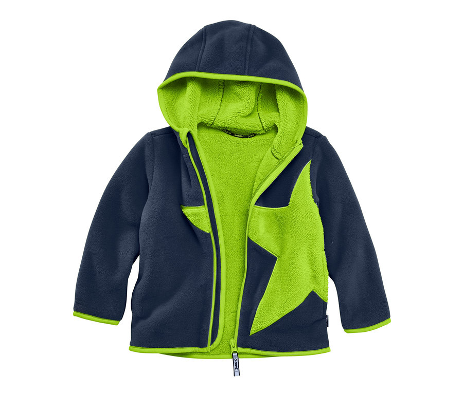 Marineblaue Fleecejacke mit Kapuze, limettengrünem Futter und Stern. Jako-O Kuschelfleecejacke, marine.