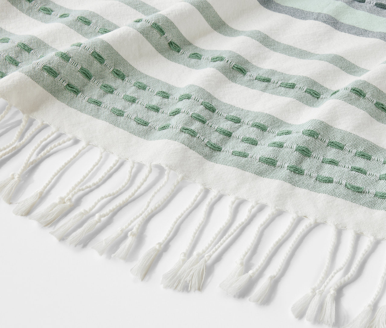 Detailansicht einer Plaid mit weißen Fransen und grünen Streifen.