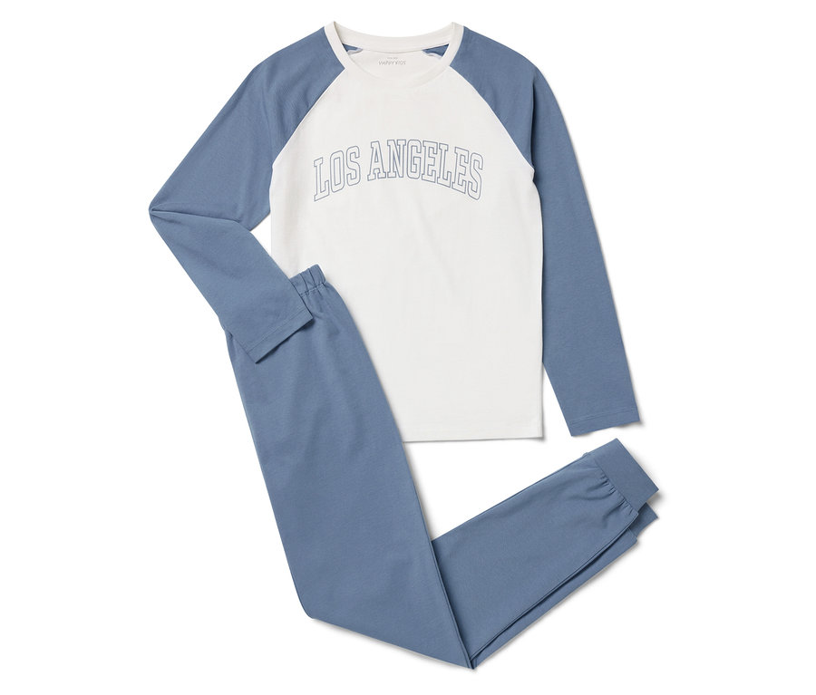 Blauer Schlafanzug mit langen Ärmeln und 'Los Angeles'-Aufschrift.