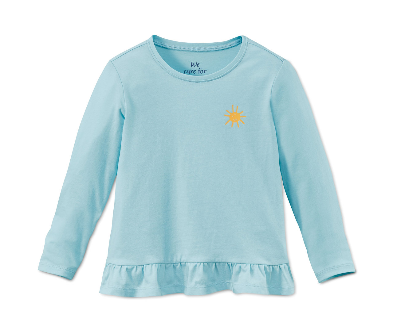 Ein blaues Langarmshirt aus Bio-Baumwolle mit Rüschen.