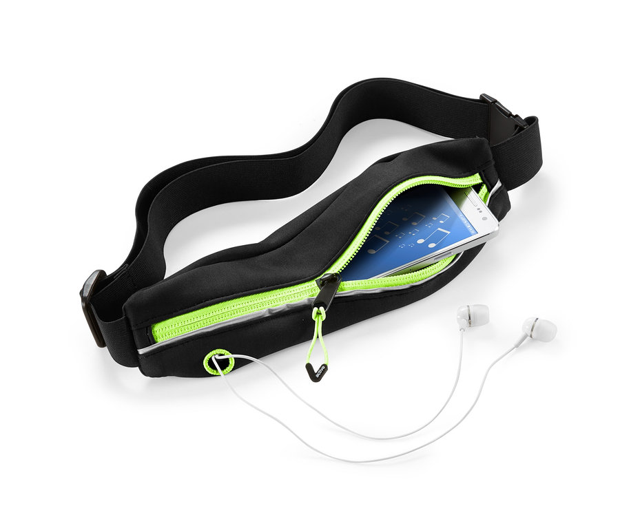 Schwarzer Sportgürtel mit Telefon und Kopfhörern.