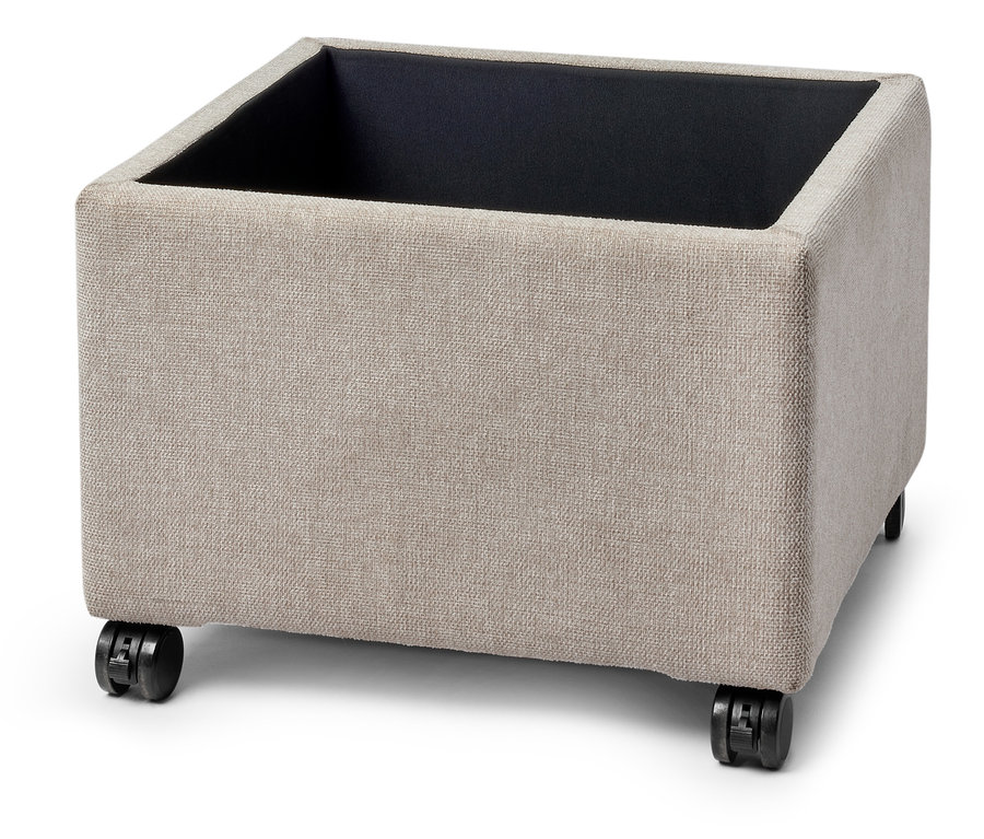 Beige Stoff-Aufbewahrungsbox auf vier Rädern.