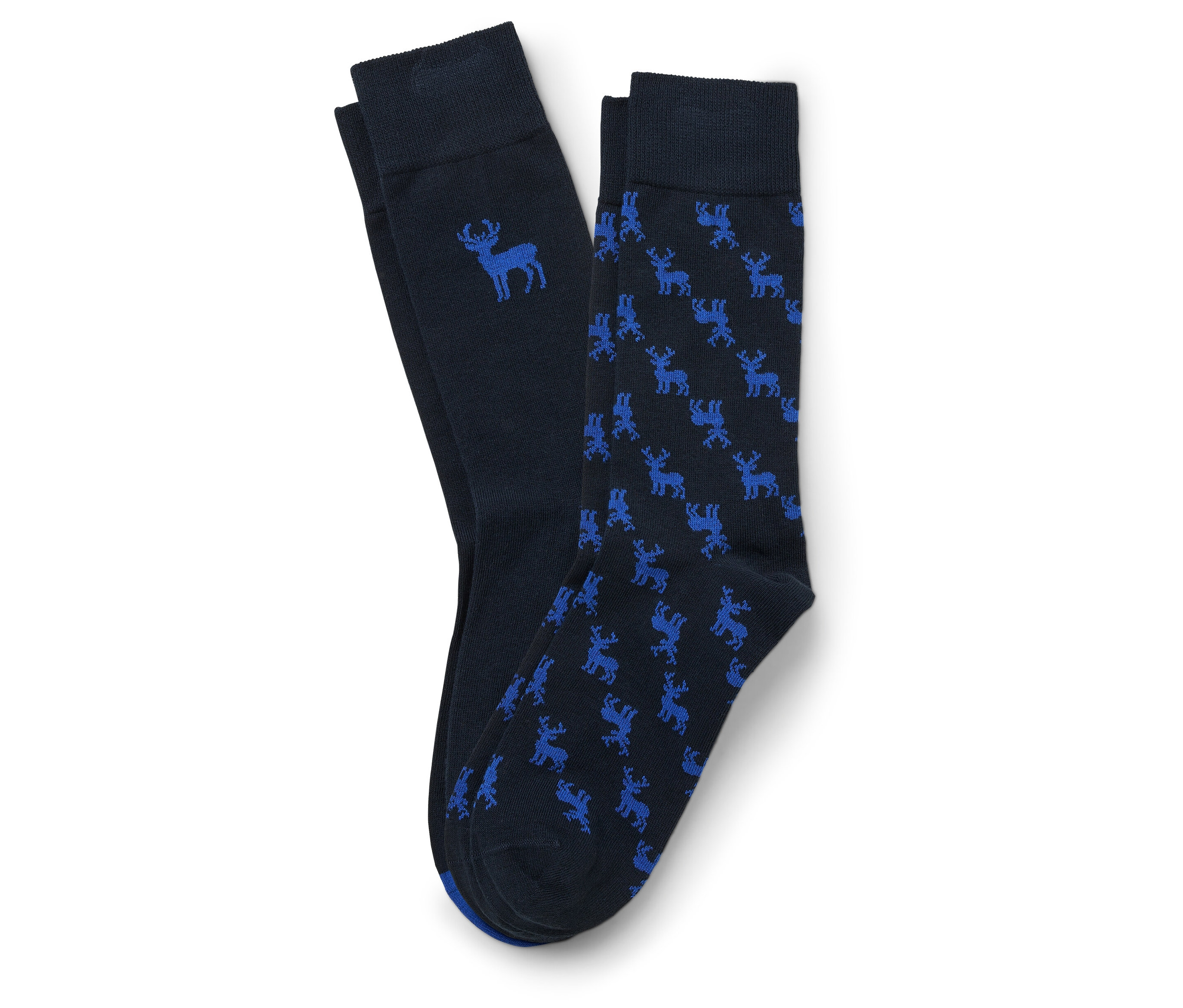 Zwei Paar Socken, eins uni dunkelblau mit hellblauem Elch, eins dunkelblau mit hellblauen Elchen.