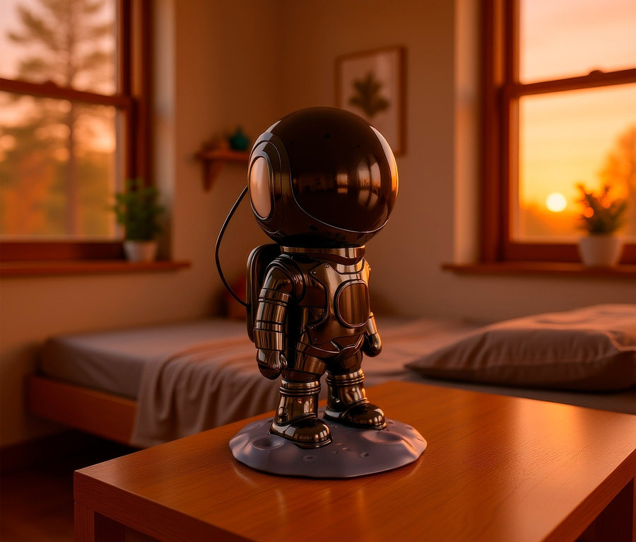 Astronaut steht auf einem Tisch in einem Schlafzimmer.