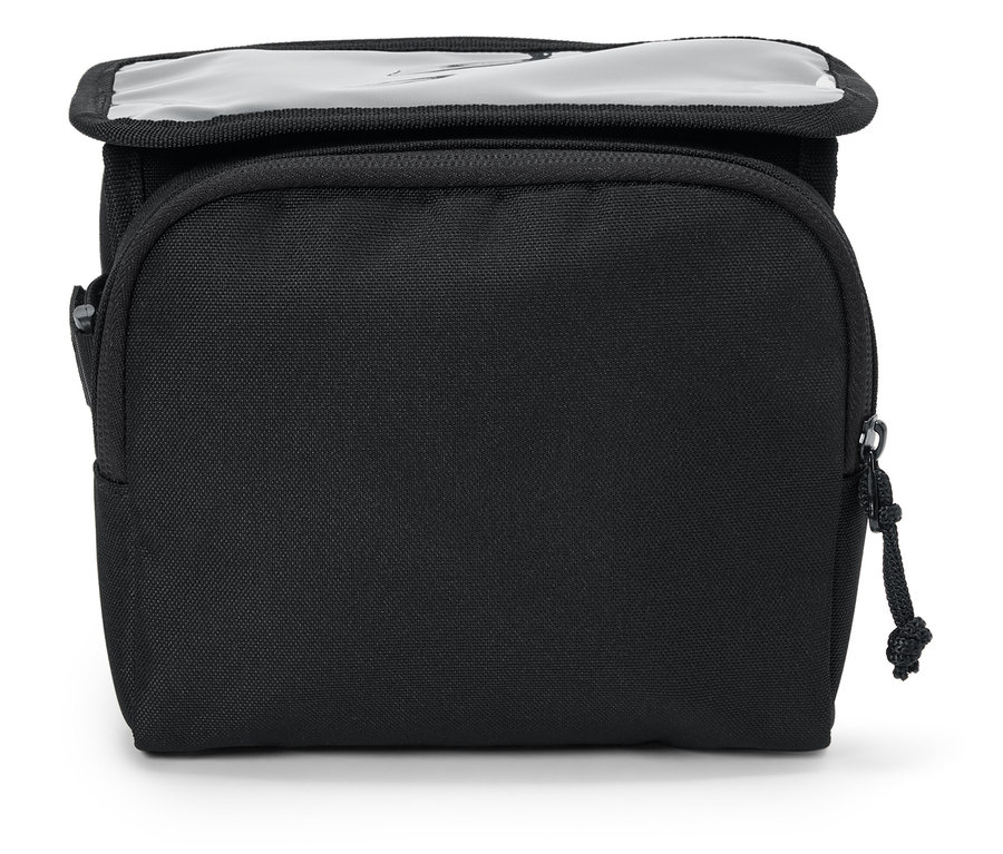 Eine schwarze Tasche mit einem transparenten Plastikdeckel.