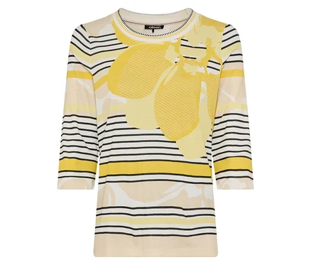 Das Olsen 3/4-Shirt ist gestreift und hat ein gelbes Blumenmuster.