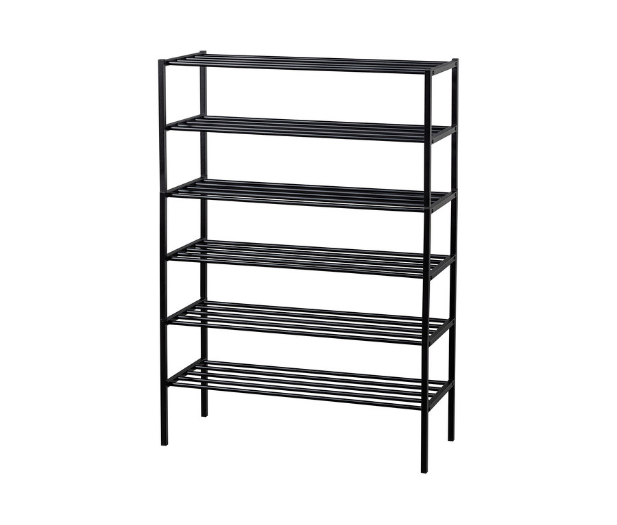 Schwarzes Woood 6 Schuhregal »Ferro« aus Metall mit sechs Ablagen.