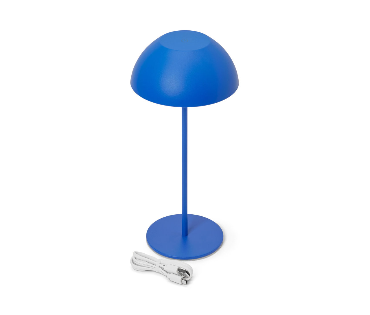 Eine blaue LED-Akku-Tischleuchte und ein Ladekabel.