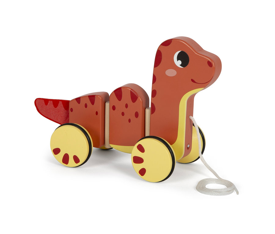 Ein Nachziehtier-Dino aus Holz von small foot mit Rädern und Zugschnur.