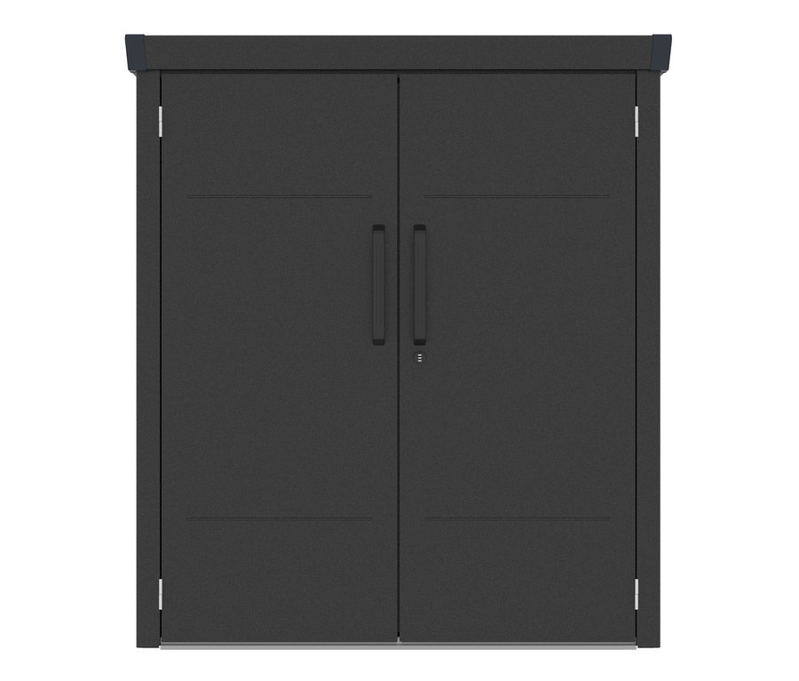 Schwarze Fahrradbox mit Doppeltüren.