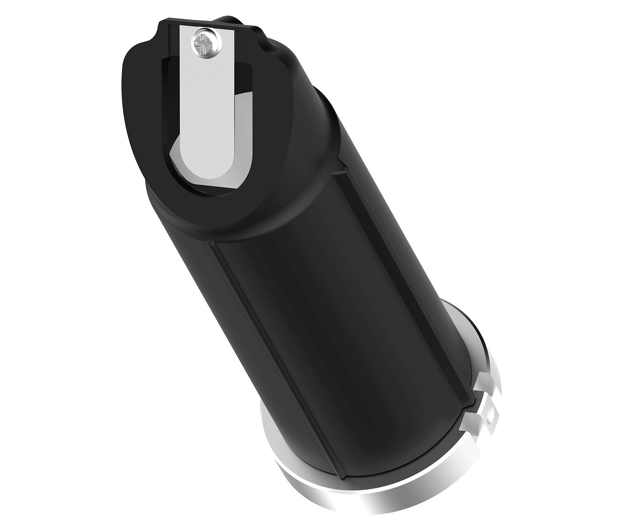 Nahaufnahme eines schwarzen USB-Ladegeräts mit silbernem Akzent auf weißem Hintergrund.