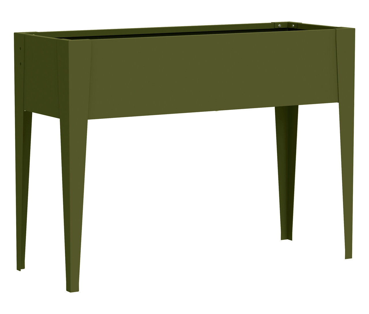 Ein olivgrüner Pflanzkasten mit vier Beinen steht auf einem weißen Hintergrund.