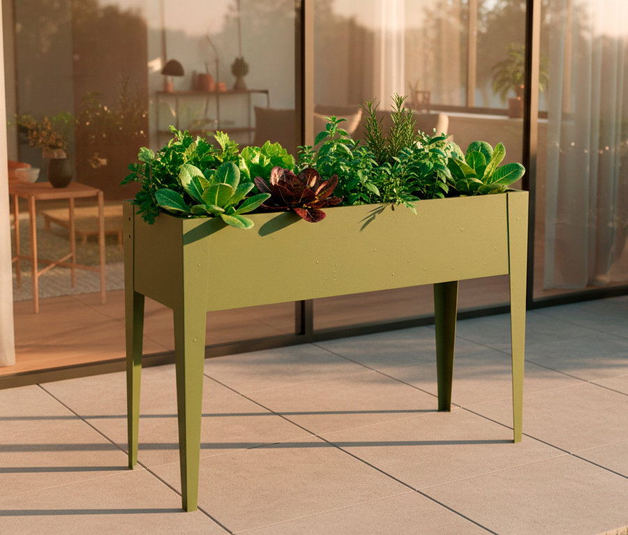 Ein erhöhter, olivgrüner Pflanzkasten mit Salat und Kräutern steht auf einer Terrasse.