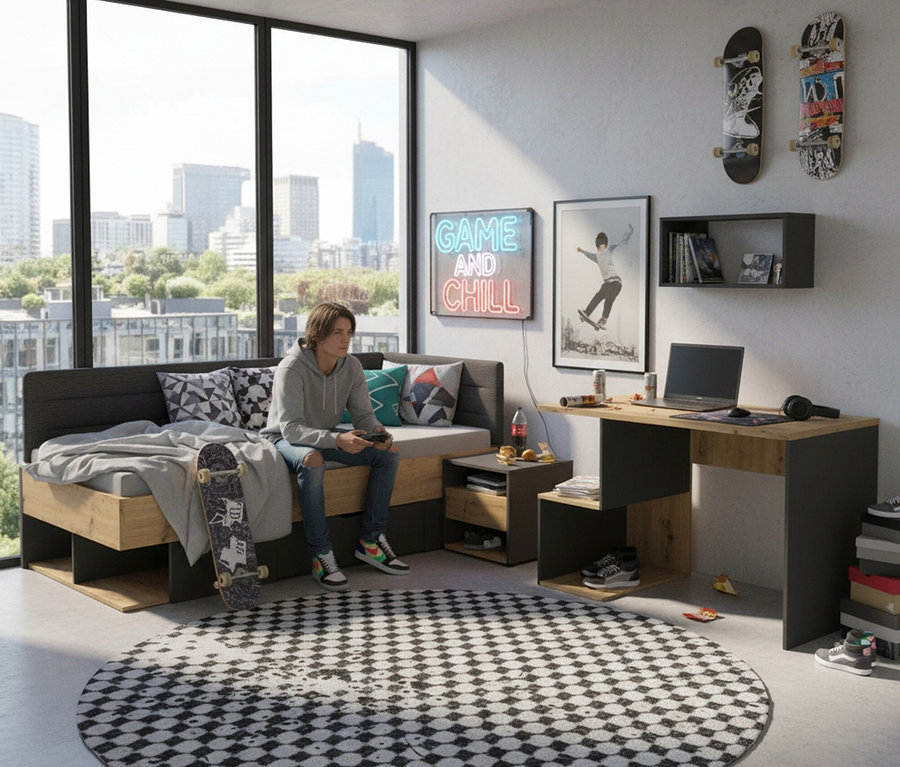Jugendlicher sitzt mit Gamecontroller auf einem Bettsofa. An der Wand hängt ein Roba Wandregal »Marvin«, 60 cm.