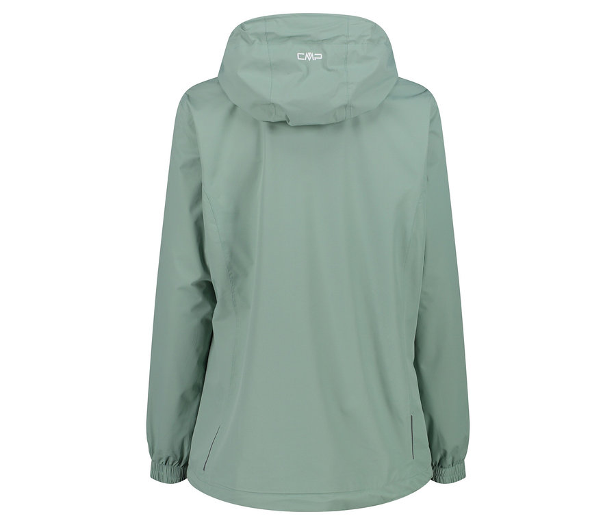 Rückansicht einer hellgrünen CMP-Jacke mit Kapuze.