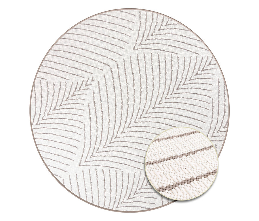 Ein runder Teppich mit einem Muster aus sich überlappenden, stilisierten Blättern in Grau auf einem weißen Grund.