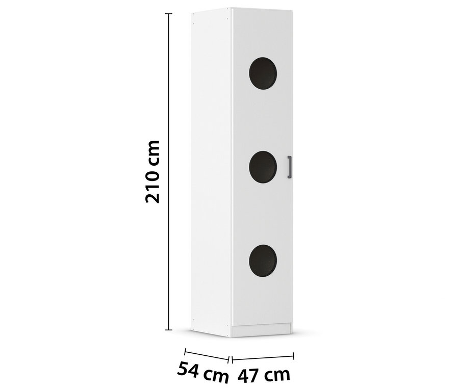 Weißer Schrank mit drei runden Löchern und den Maßen 210 cm Höhe, 54 cm Breite und 47 cm Tiefe.