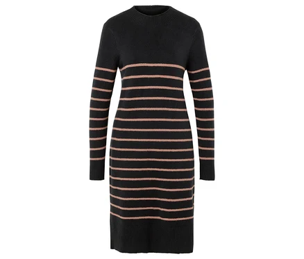 Ein gestreiftes Strickkleid in Schwarz mit horizontalen Streifen in Rosa.