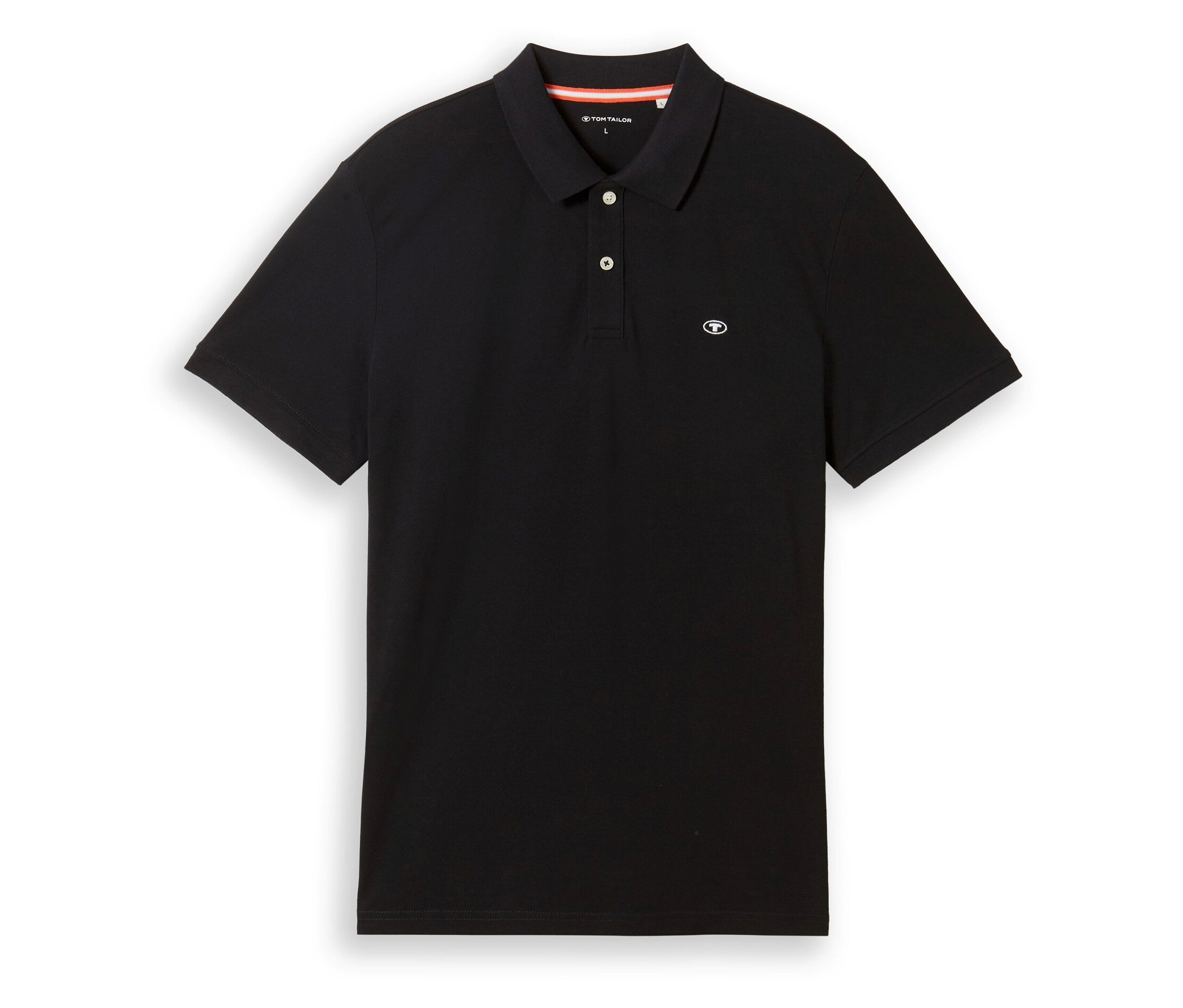 Das schwarze Tom Tailor Piqué Poloshirt liegt auf einem weißen Untergrund.
