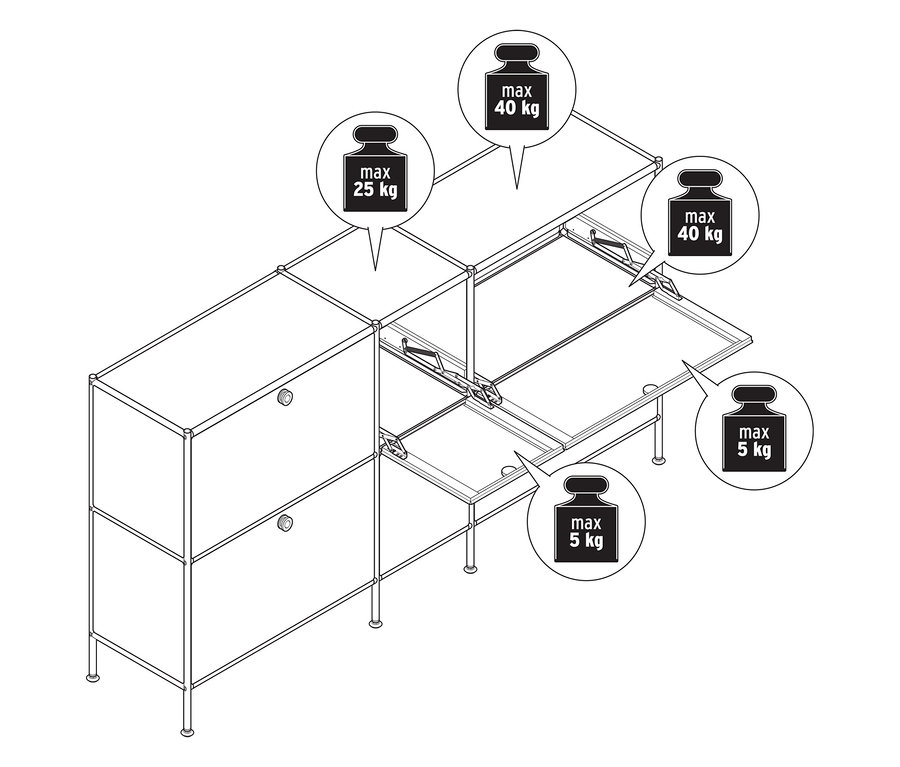 Draufsicht auf ein großes Metall-Sideboard »CN3« mit sechs Klappenfächern.