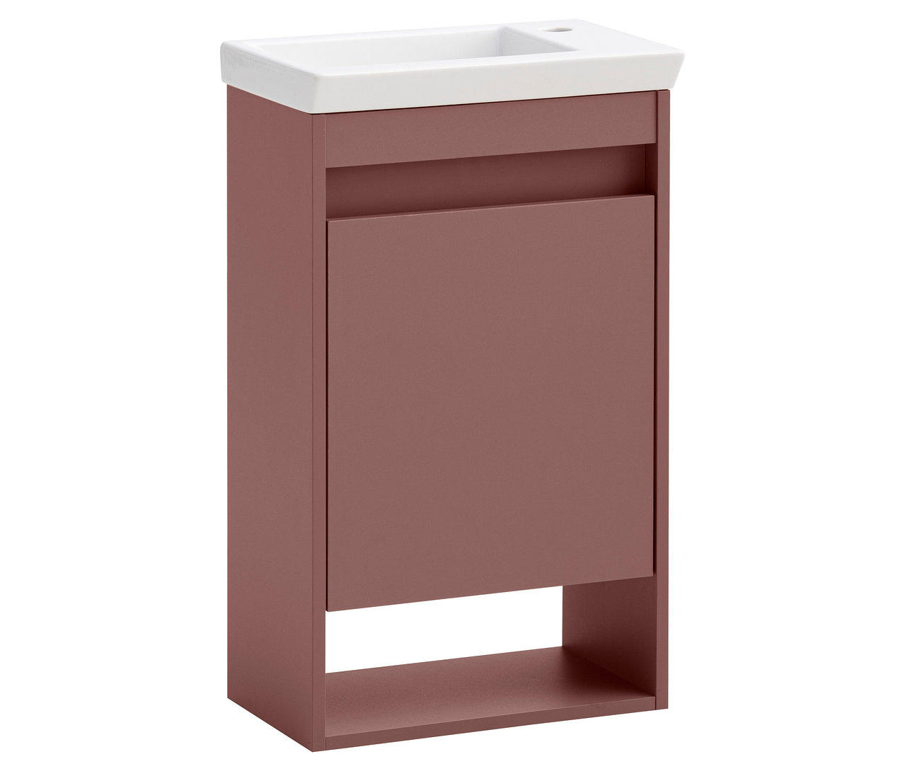 Frontale Aufnahme eines Unterschranks in Aubergine mit einem weißen Waschbecken.