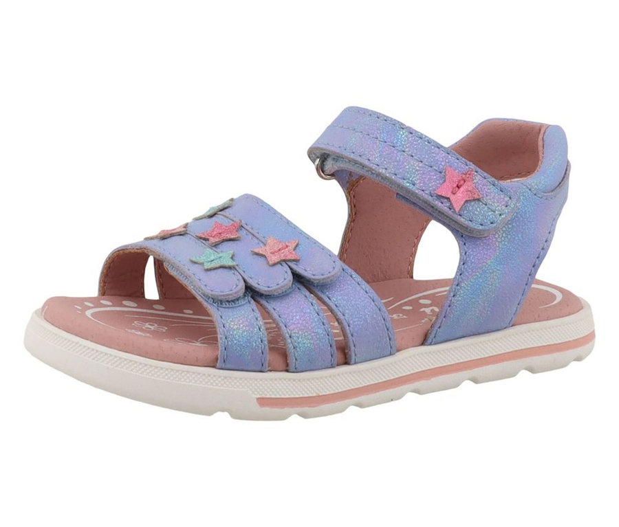 Eine einzelne LURCHI Mädchen-Sandale »Carin« in schimmerndem Blau mit rosa Sternen auf den Riemen, einem rosa Fußbett und einer weißen Sohle.
