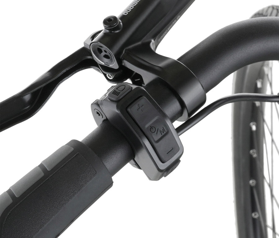 Nahaufnahme des Lenkers eines Fischer CITA 2403 CB Fahrrads, der Bedienelemente und Bremshebel zeigt.