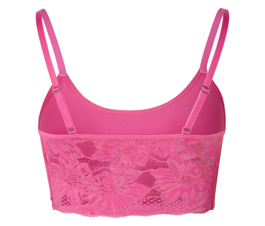 Rückansicht eines pinkfarbenen Spitzen-Bralettes mit verstellbaren Trägern.