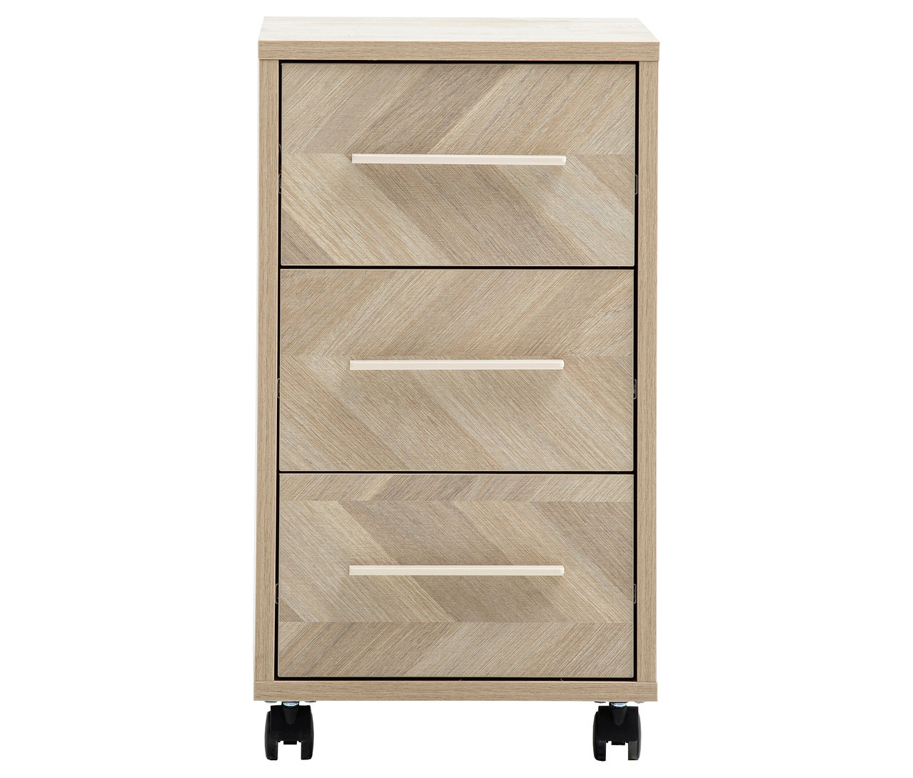 Ein heller Holzschrank mit drei Schubladen und silbernen Griffen steht auf Rollen.
