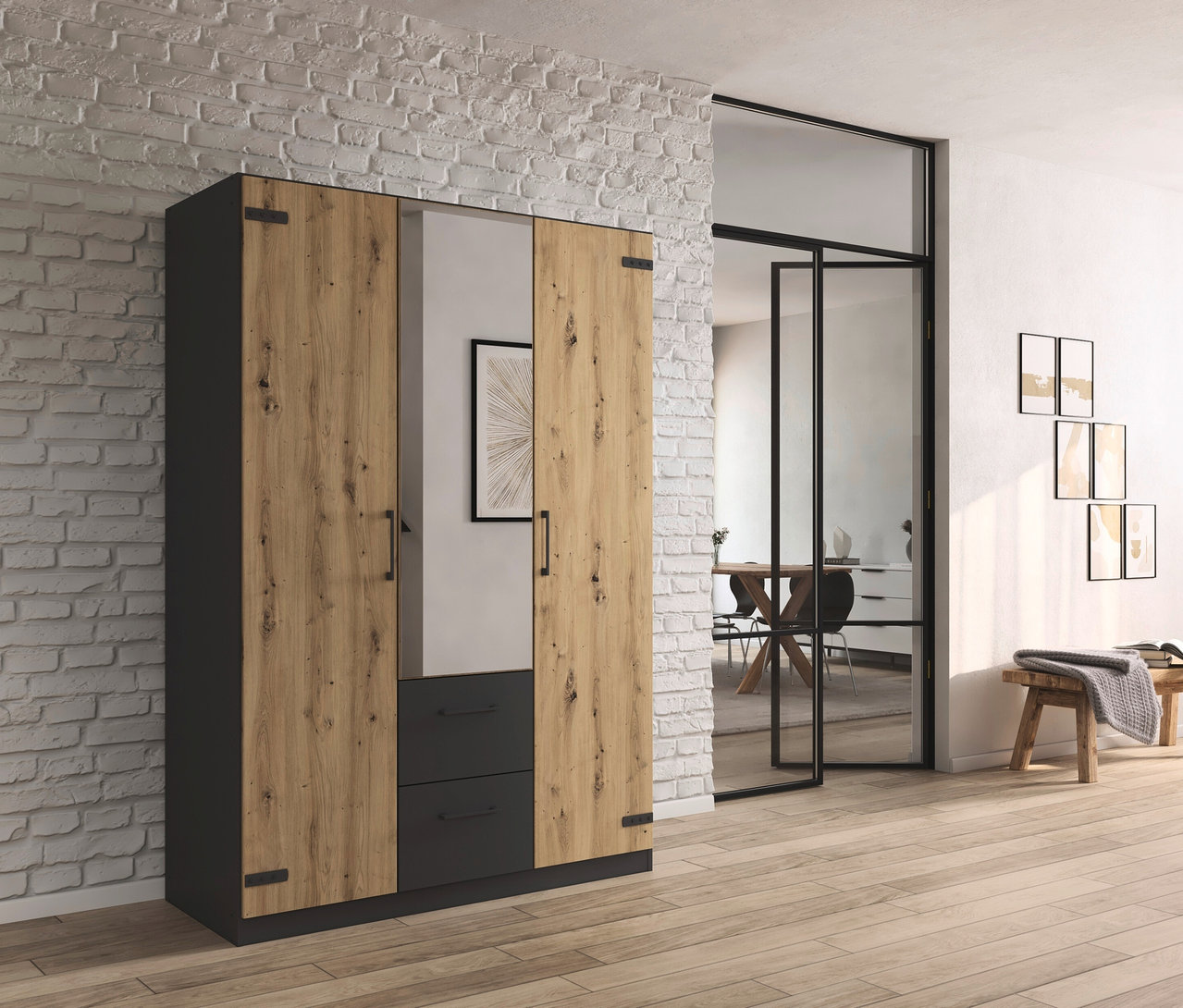 rauch Drehtürenschrank »Butte« mit 3 Türen steht neben einem rauch Set »Butte« mit einem Bett 140 x 200 cm und Nachttisch.