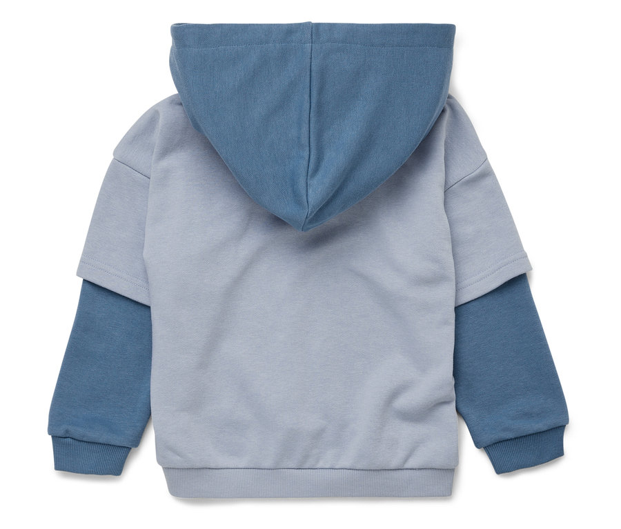 Rückansicht eines zweifarbigen Kapuzenpullovers in Blau und Hellblau.