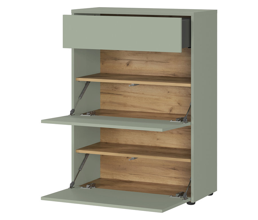 Hellgrüner Schuhschrank mit Schublade oben und zwei Kippfächern, die teilweise geöffnet sind und einen Holzhintergrund zeigen.
